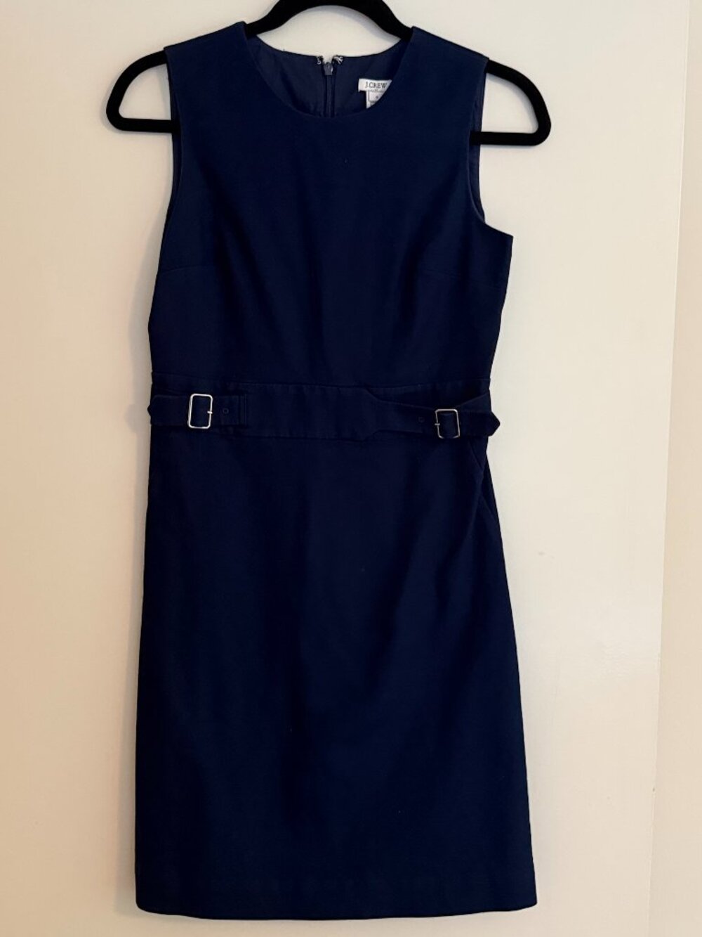 J. Crew Navy Sleeveless Sheath Dress with Buckle Detail